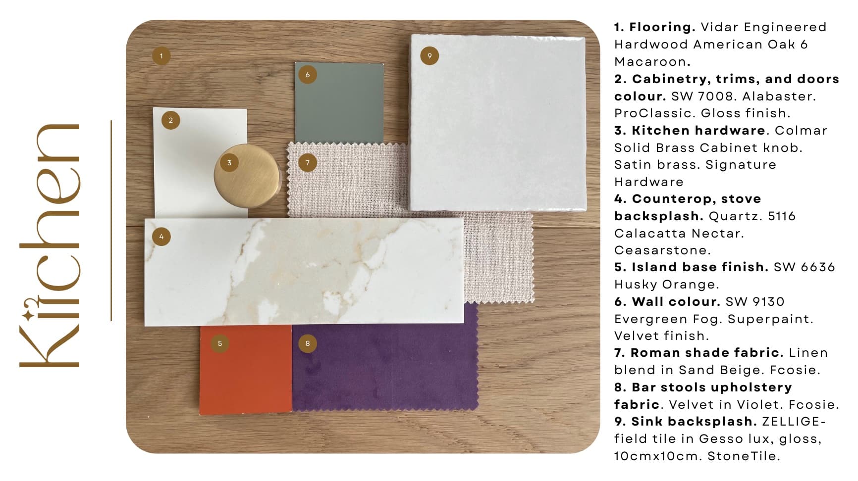 Kitchen materials board showing wood, brass, stone, and paint selections