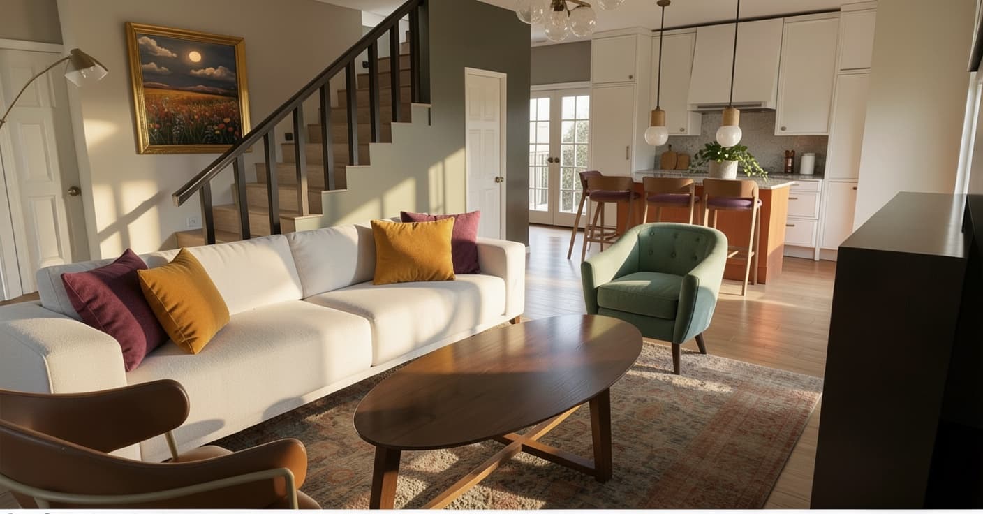 Wide open-plan view connecting living room, stair, and kitchen