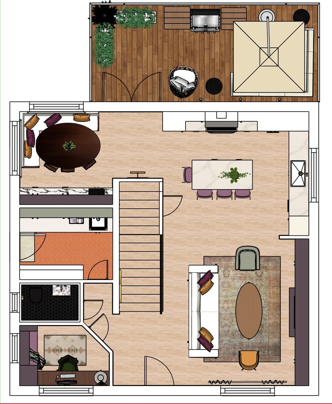 Main floor plan showing kitchen, dining, living, office, and powder room layout