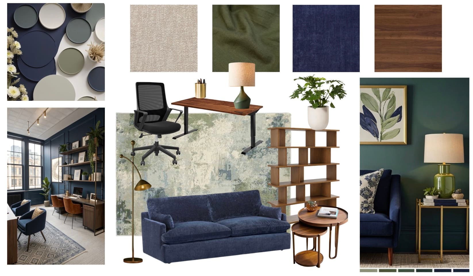 Moodboard with navy, green, wood, and brass references for the study-lounge room