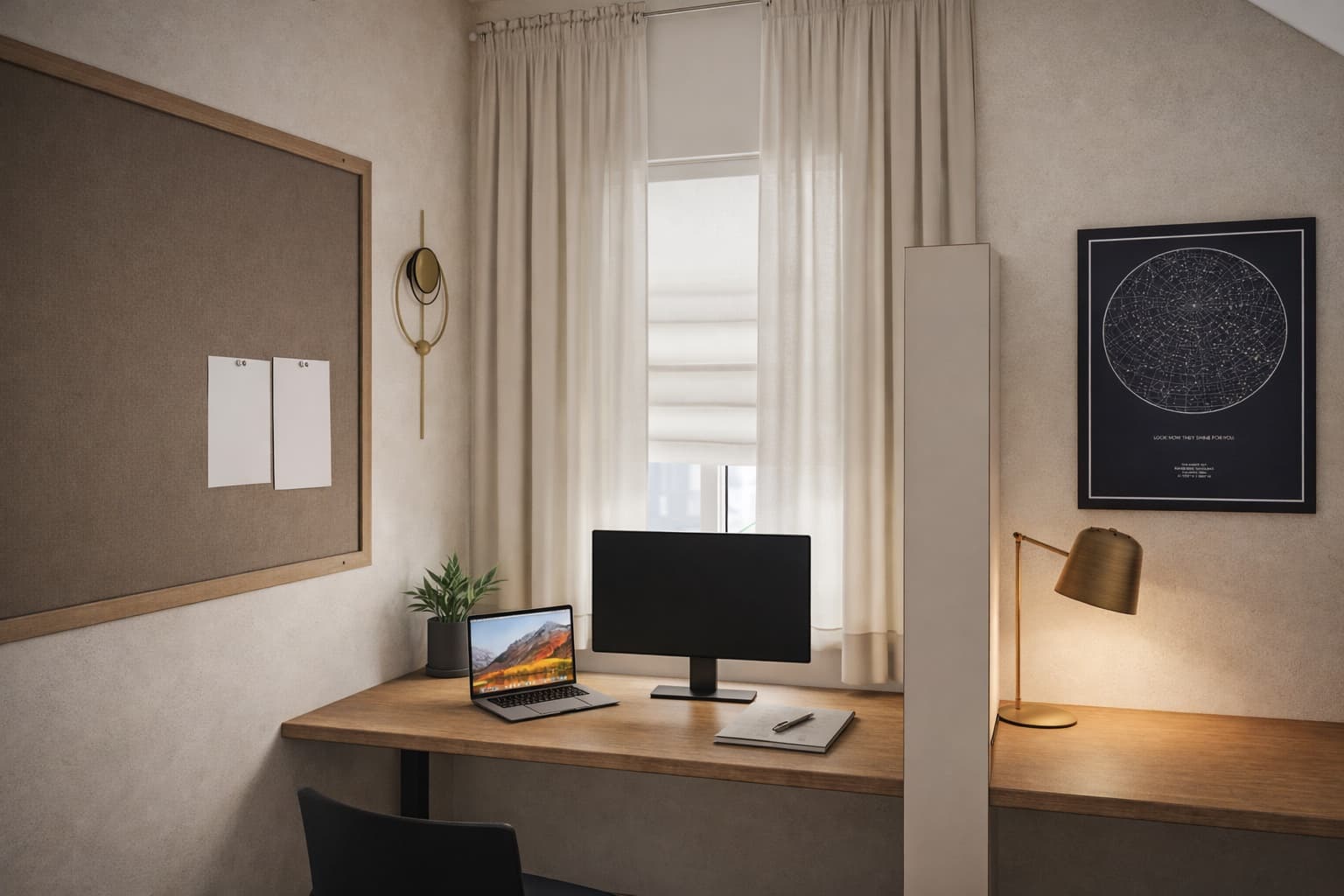 Alternate room view showing the partition, lounge area, and work zone