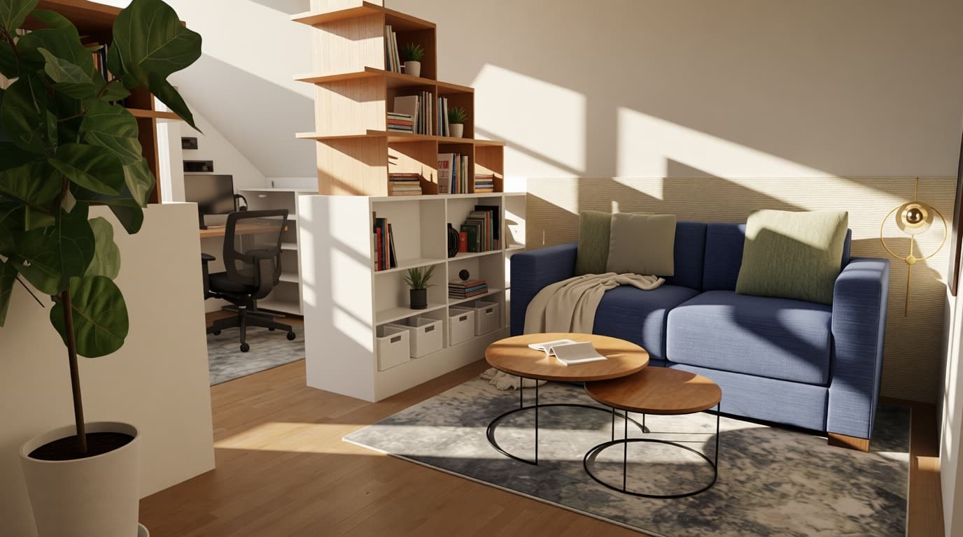 Lounge view with partition shelving, sofa, and wood coffee tables