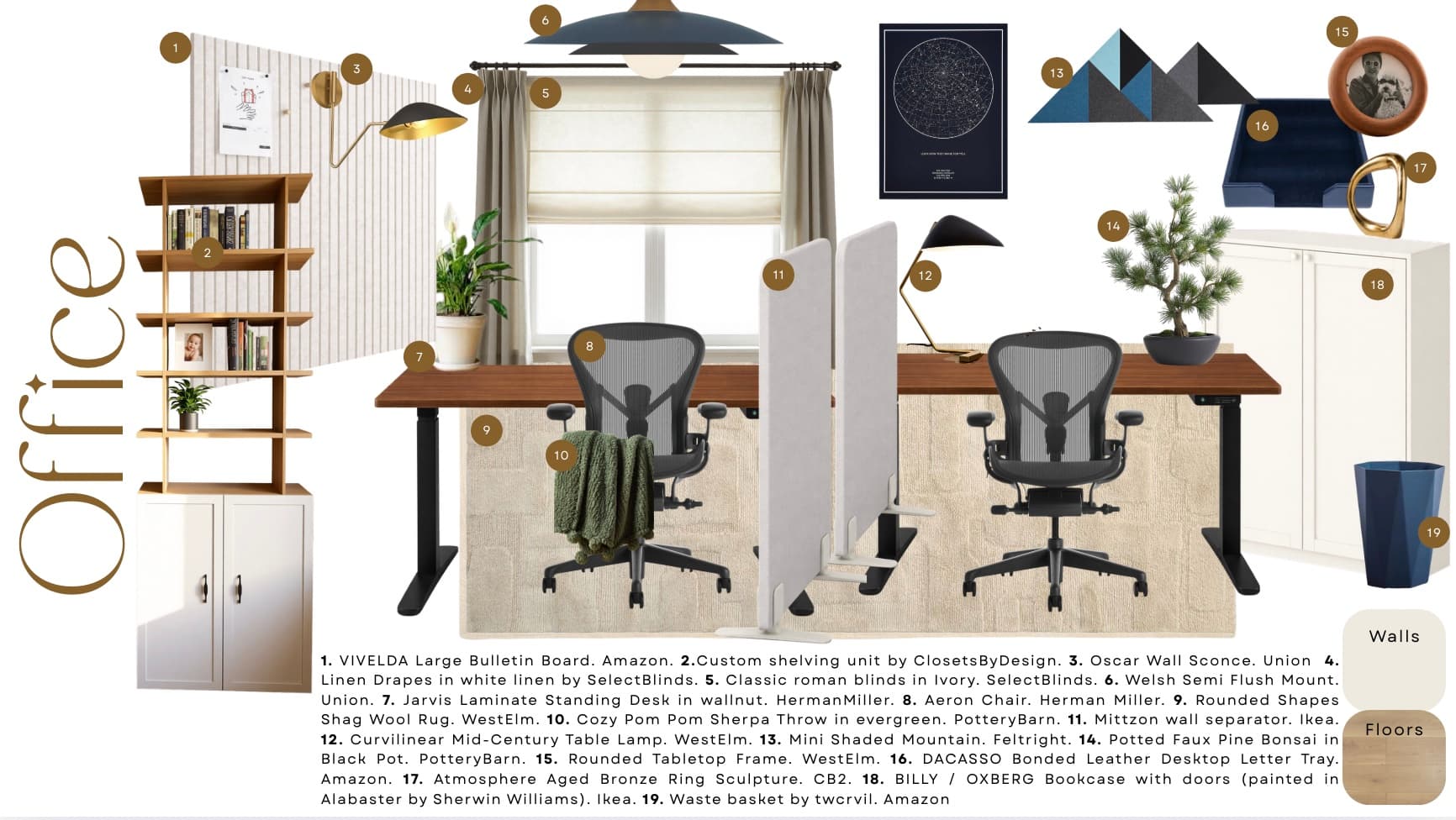 Design board with shelving, sofa, finishes, and material references for the room