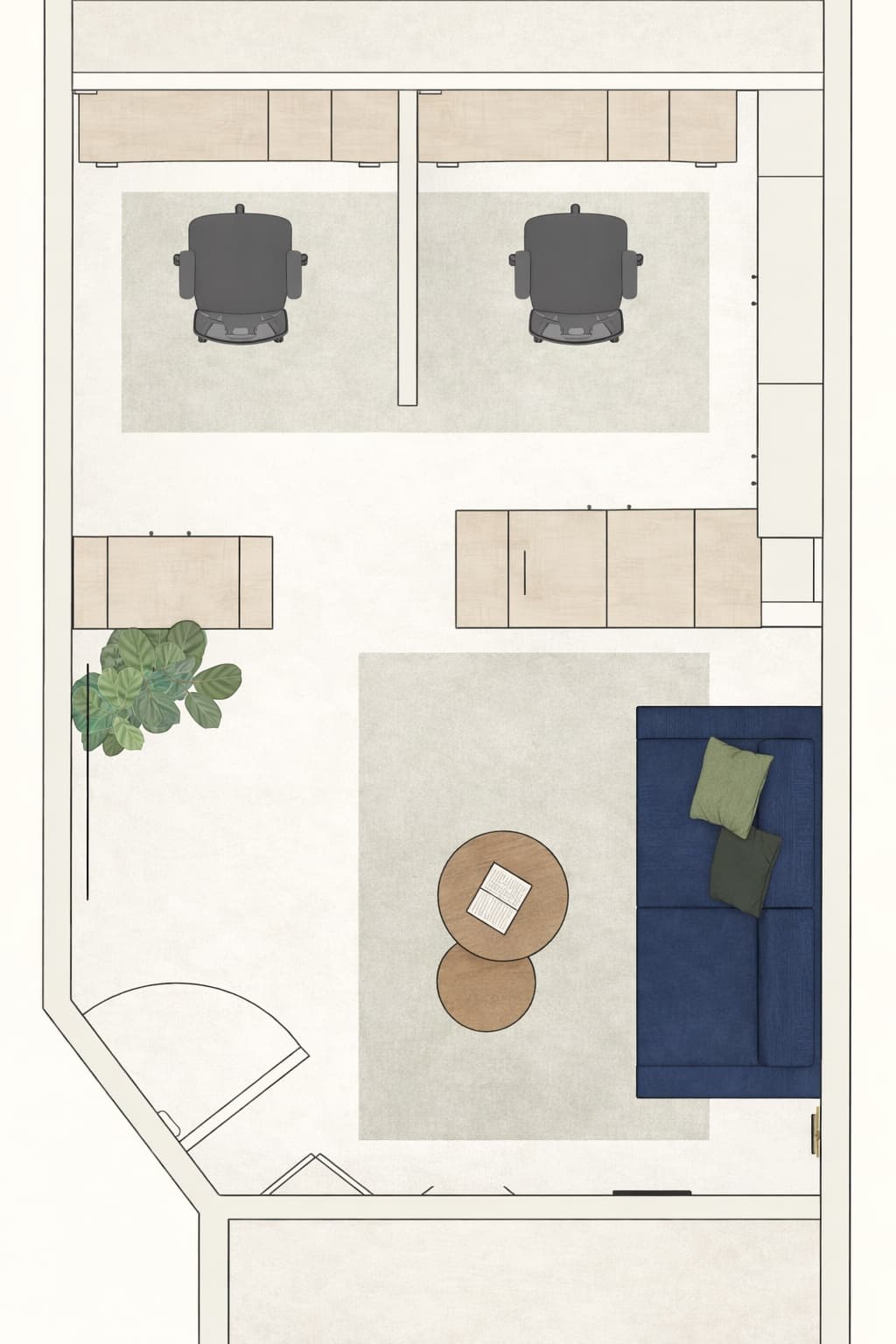 Floor plan showing desk, storage, lounge seating, and room layout